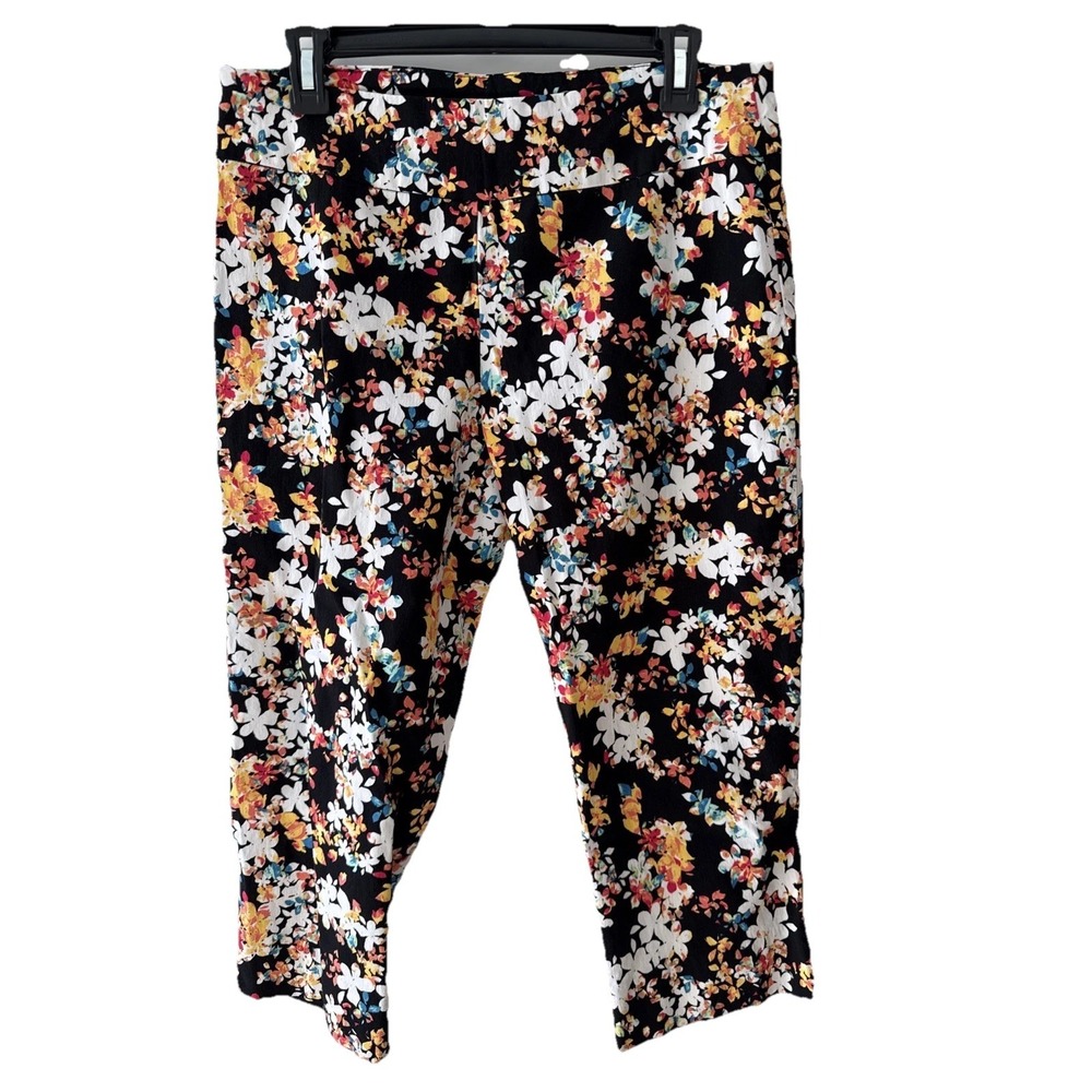 Zac and Rachel Capri Pant Women's‎ 10 Black Floral Rayon Nylon Spandex Polyester